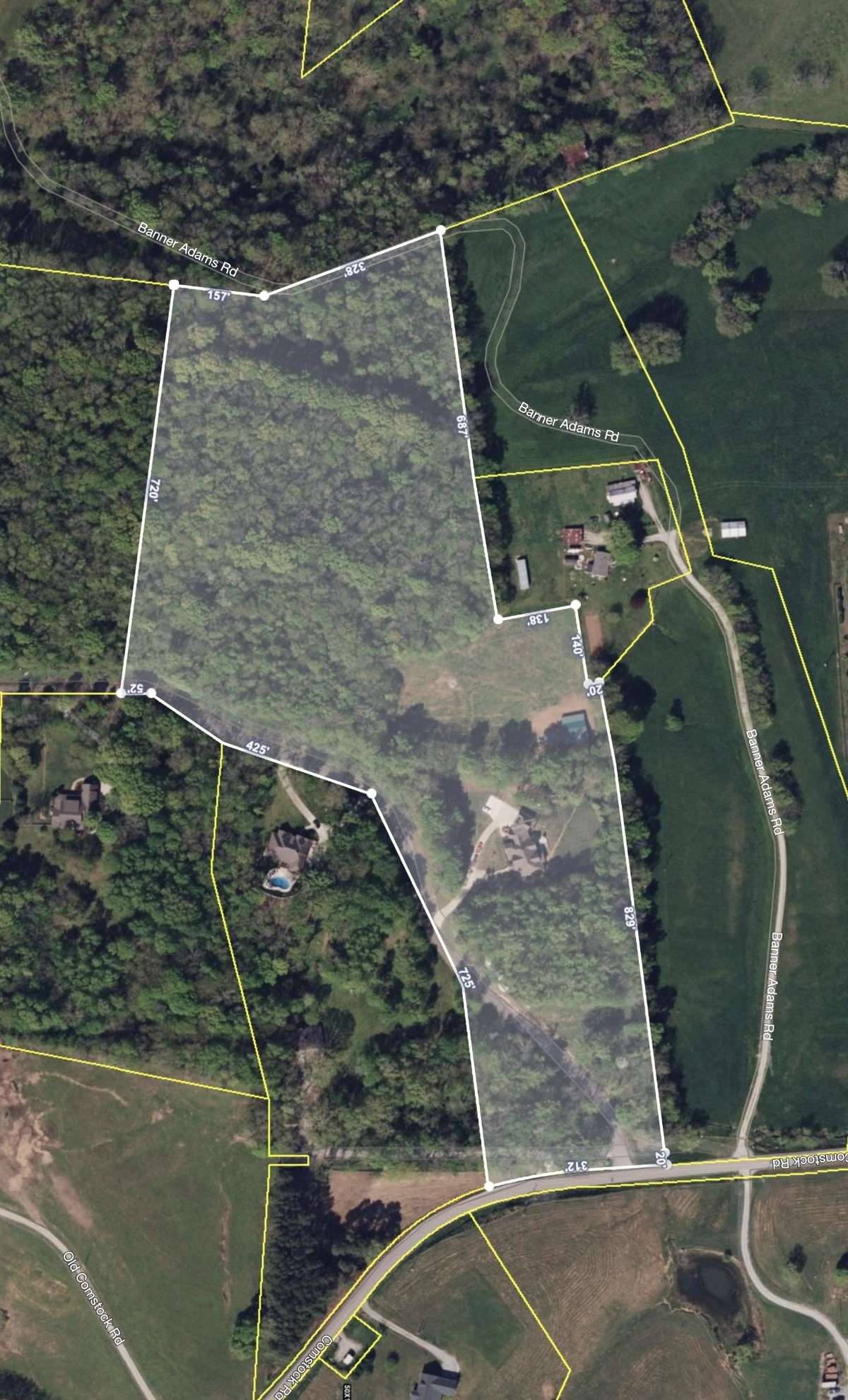 The pasture field is about 2 acres and there is 10 acres of woods with riding trails cut in. The house site and front buffer is the remaining acreage of the 17.47 acre parcel