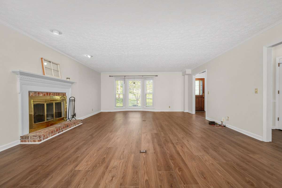 Living room with woodburning fireplace