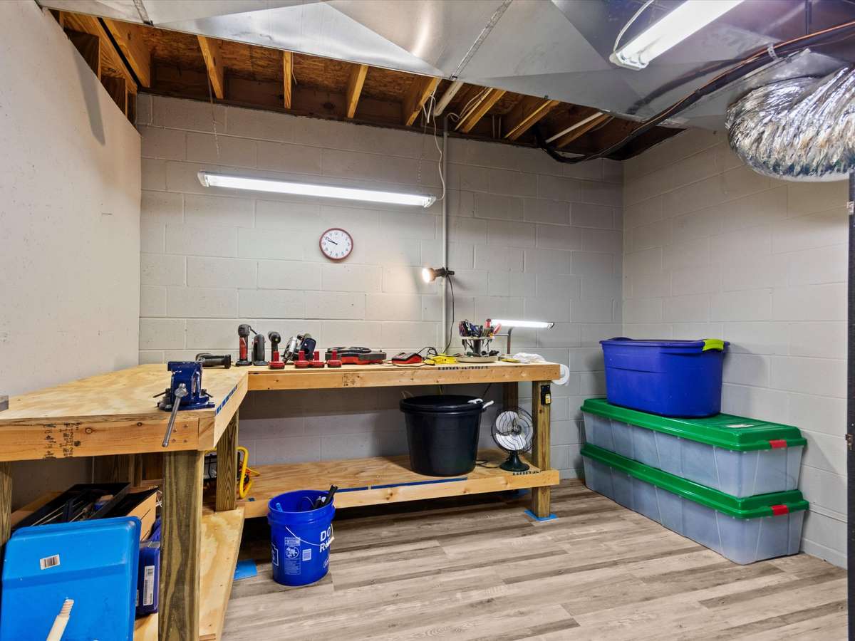 Hobby Room- Basement, LVP, unfinished, ceiling fan