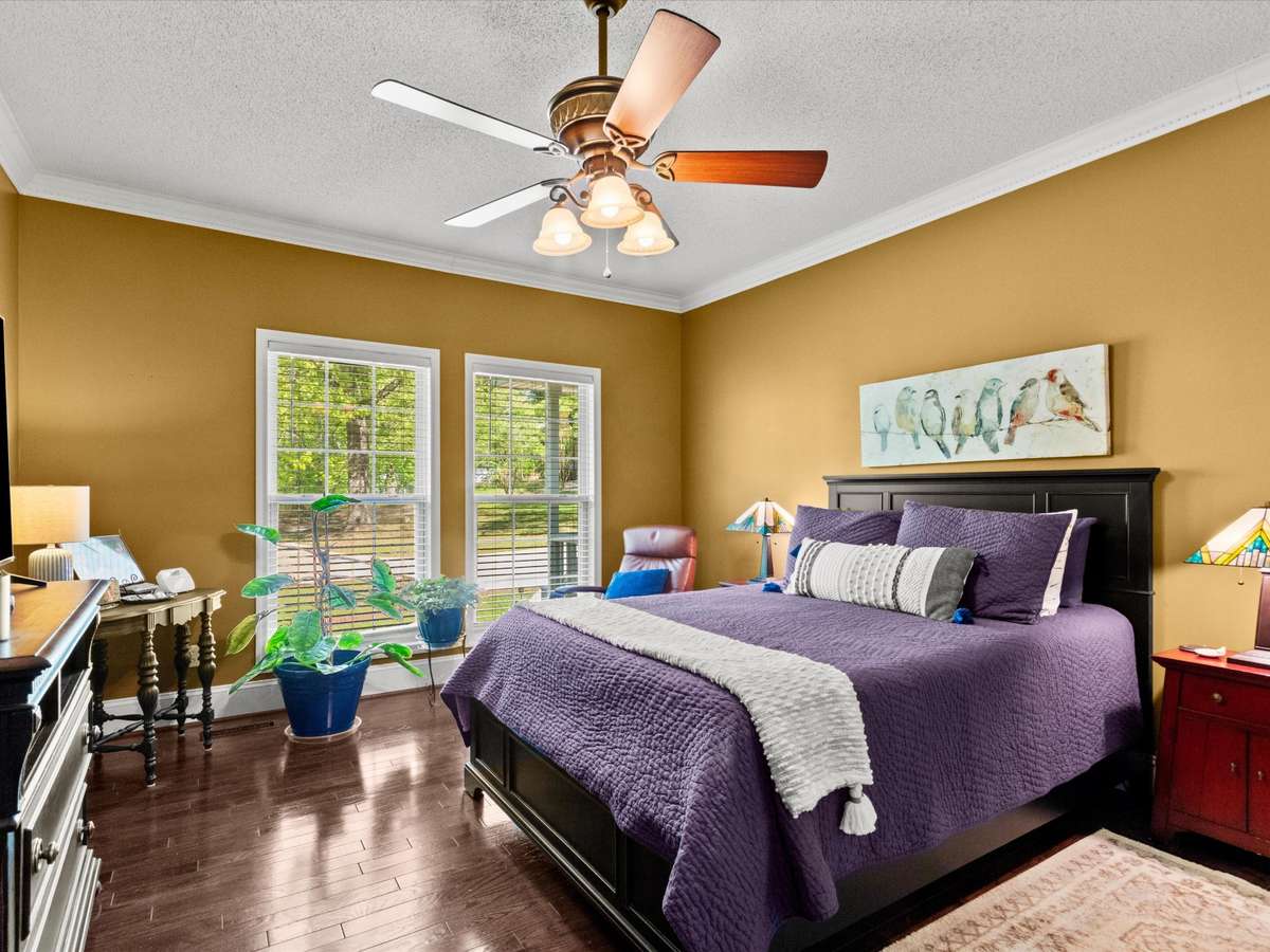 Primary Bedroom- Wood flooring, crown molding, ceiling fan, 9' ceiling