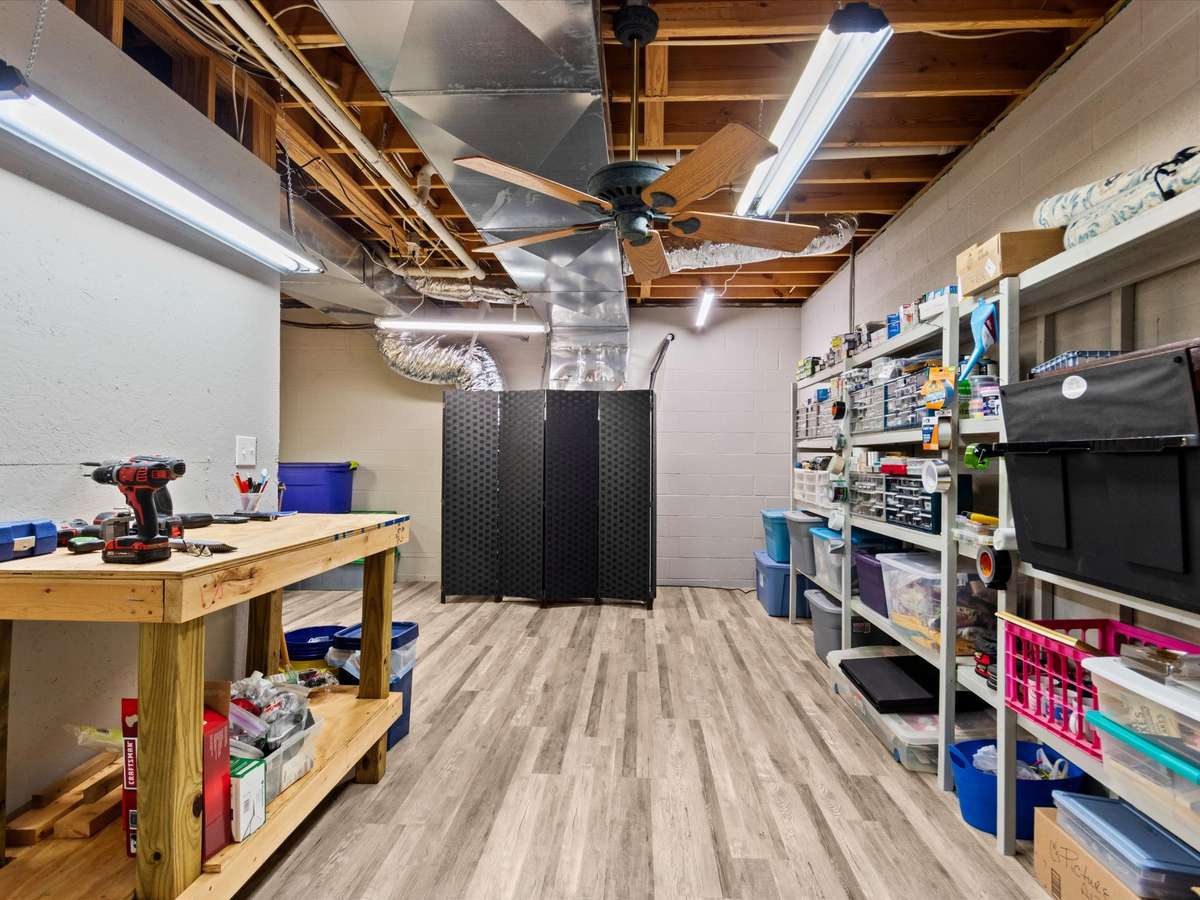 Hobby Room- Basement, LVP, unfinished, ceiling fan