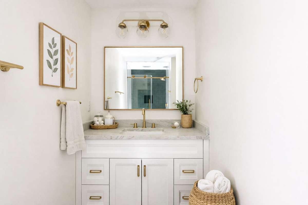 The primary bath is en-suite! Custom vanity, quartz countertops, brushed gold fixtures!
(**picture was ai enhanced to show the way the home could be lived in/decorated**)