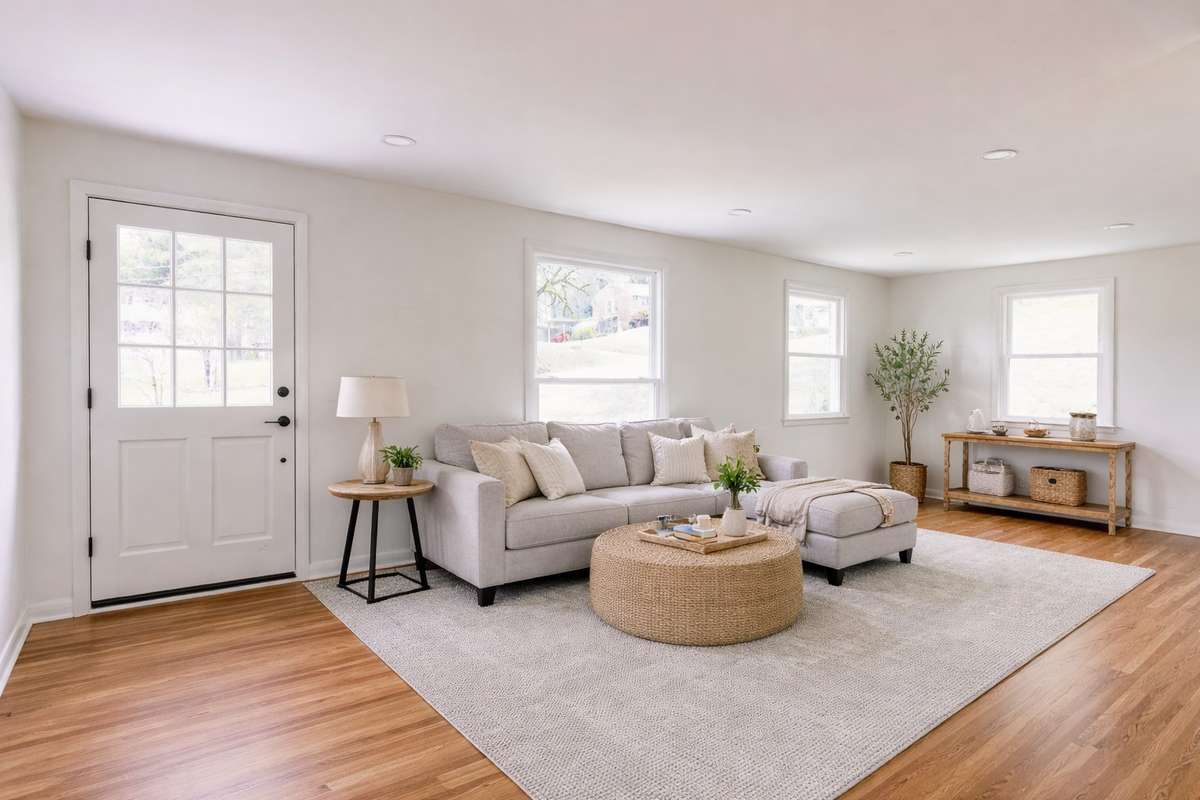 The large living room space showcases the original hardwood floors that have been sanded and refinished to last another 75 years!
(**picture was ai enhanced to show the way the home could be lived in/decorated**)