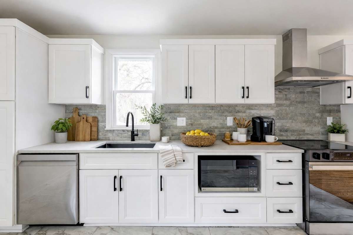 The cabinets are solid wood, dove-tailed construction, soft close doors and drawers, not your home depot special. 
(**picture was ai enhanced to show the way the home could be lived in/decorated**)