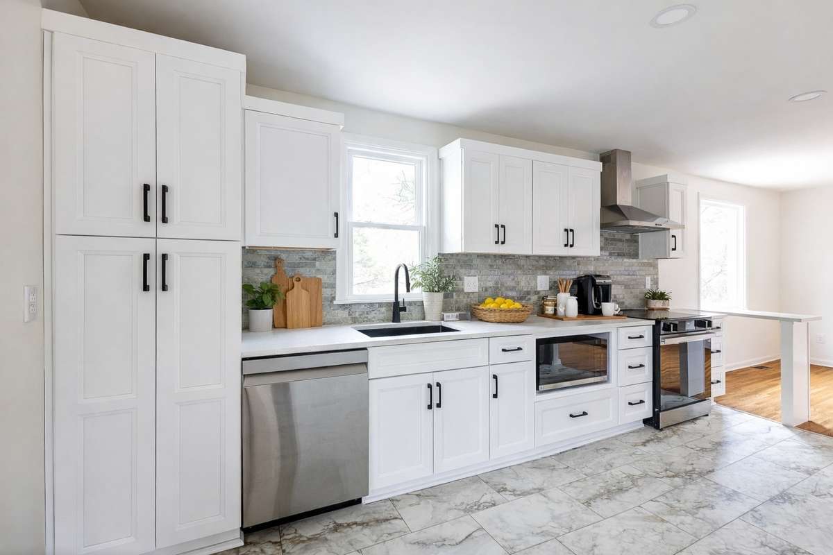 The tile backsplash accents well with the quartz countertops and all new stainless appliances. 
(**picture was ai enhanced to show the way the home could be lived in/decorated**)