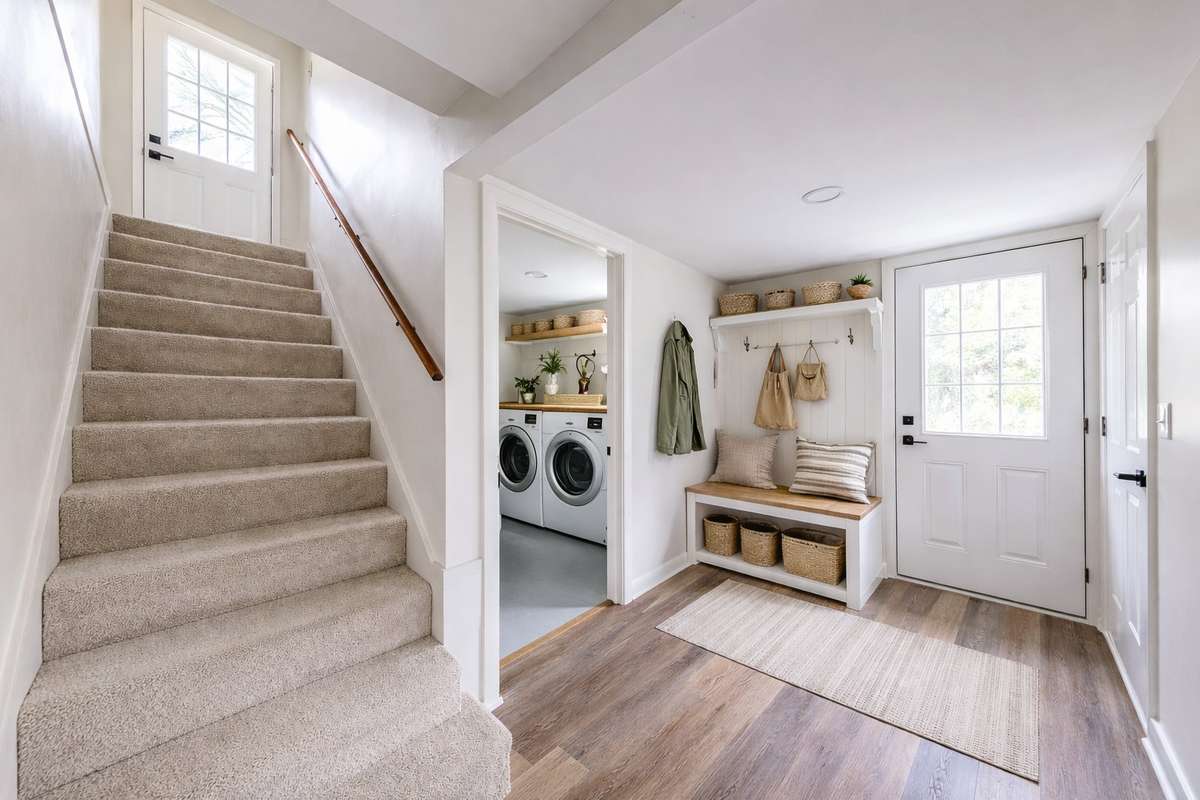 Down here would be a great space to build in the mudroom you dreamed of. 
(**picture was ai enhanced to show the way the home could be lived in/decorated**)