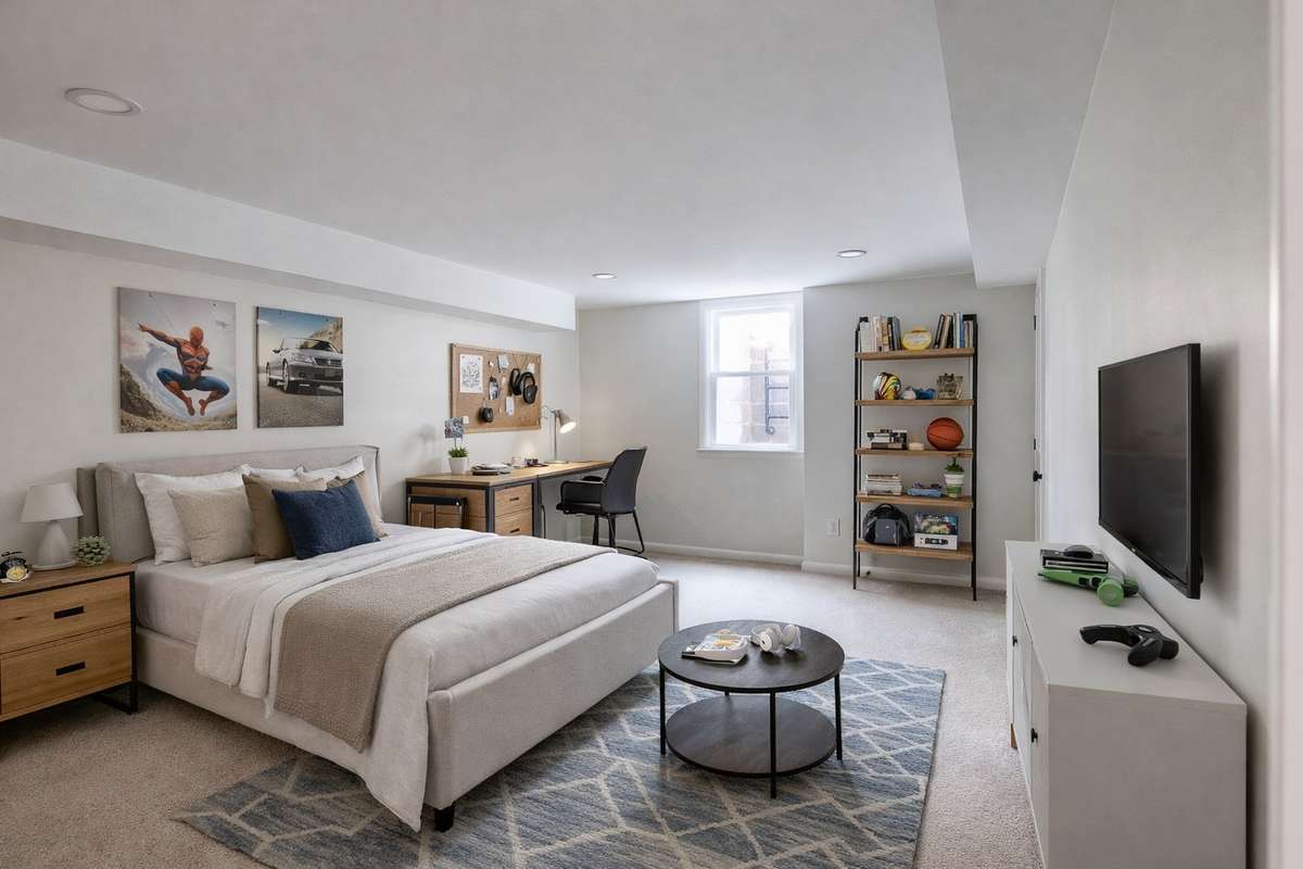 This downstairs room is perfect for many things and has an en-suite bathroom. It could be a bedroom, a bonus space, in-law quarters, separate rental potential...
(**picture was ai enhanced to show the way the home could be lived in/decorated**)