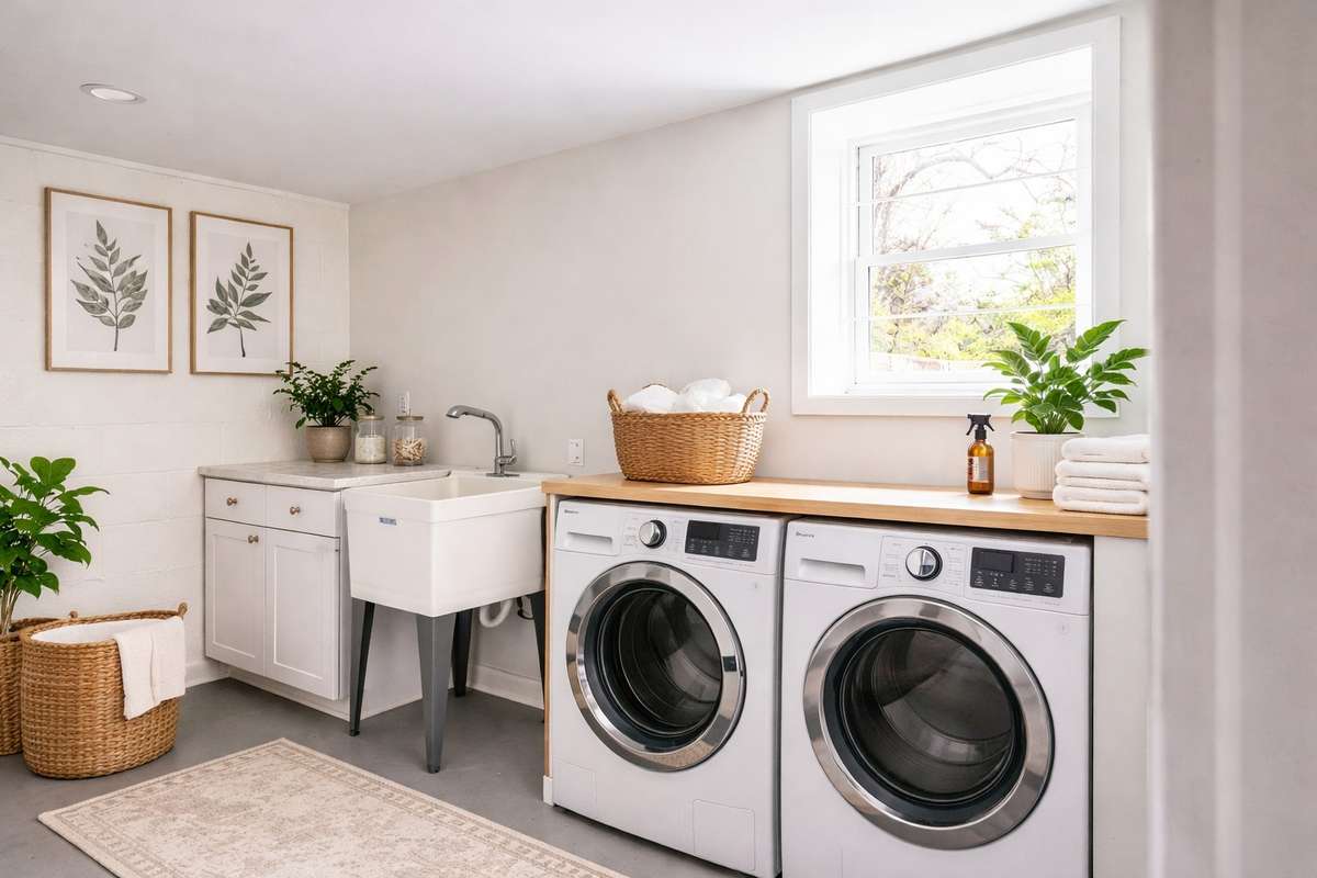 This area was created and makes the best laundry space. Laundry sink, storage/folding table, and space for more storage if desired.
(**picture was ai enhanced to show the way the home could be lived in/decorated**)