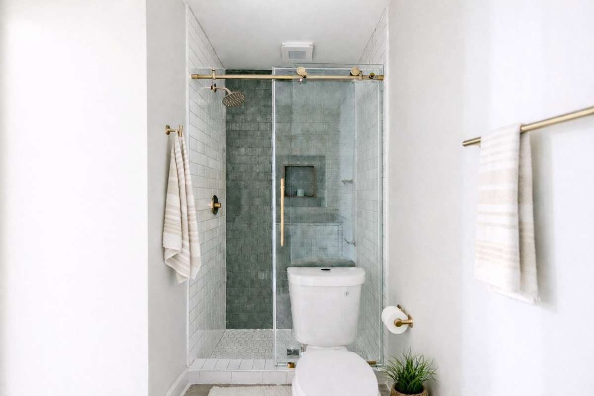 The moodiness of the green tile against the airiness of the white tile and gold fixtures, gives a nice, relaxed vibe.
(**picture was ai enhanced to show the way the home could be lived in/decorated**)