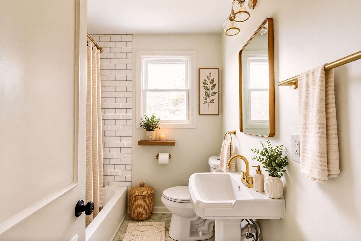 The (full) hall bath has been completely redone! New floors, tub, tile, vanity, and all other fixtures!
(**picture was ai enhanced to show the way the home could be lived in/decorated**)