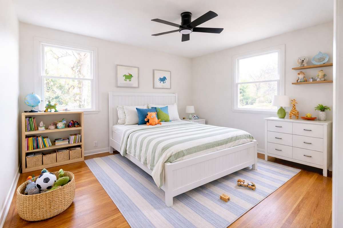 One of two secondary bedrooms, notice that the hardwood floors continue into this room as well. 
(**picture was ai enhanced to show the way the home could be lived in/decorated**)