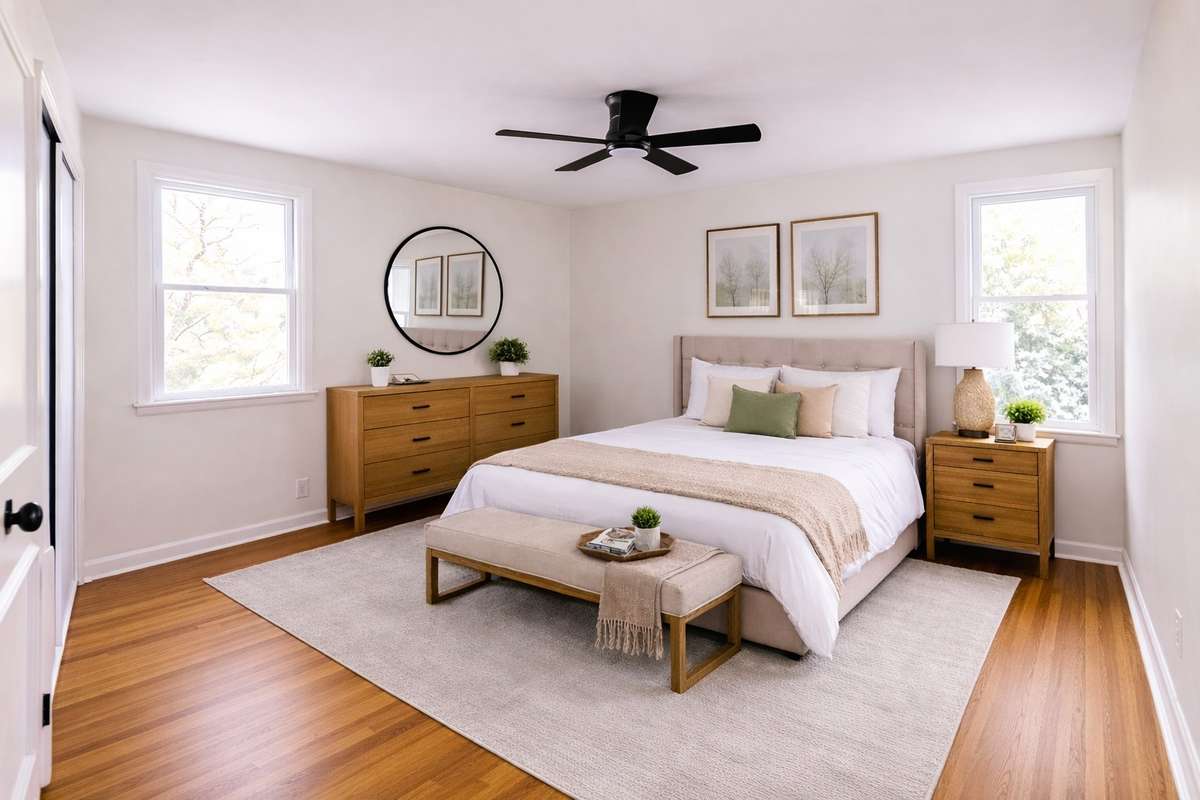 This is another possibility for laying out the primary suite.
(**picture was ai enhanced to show the way the home could be lived in/decorated**)