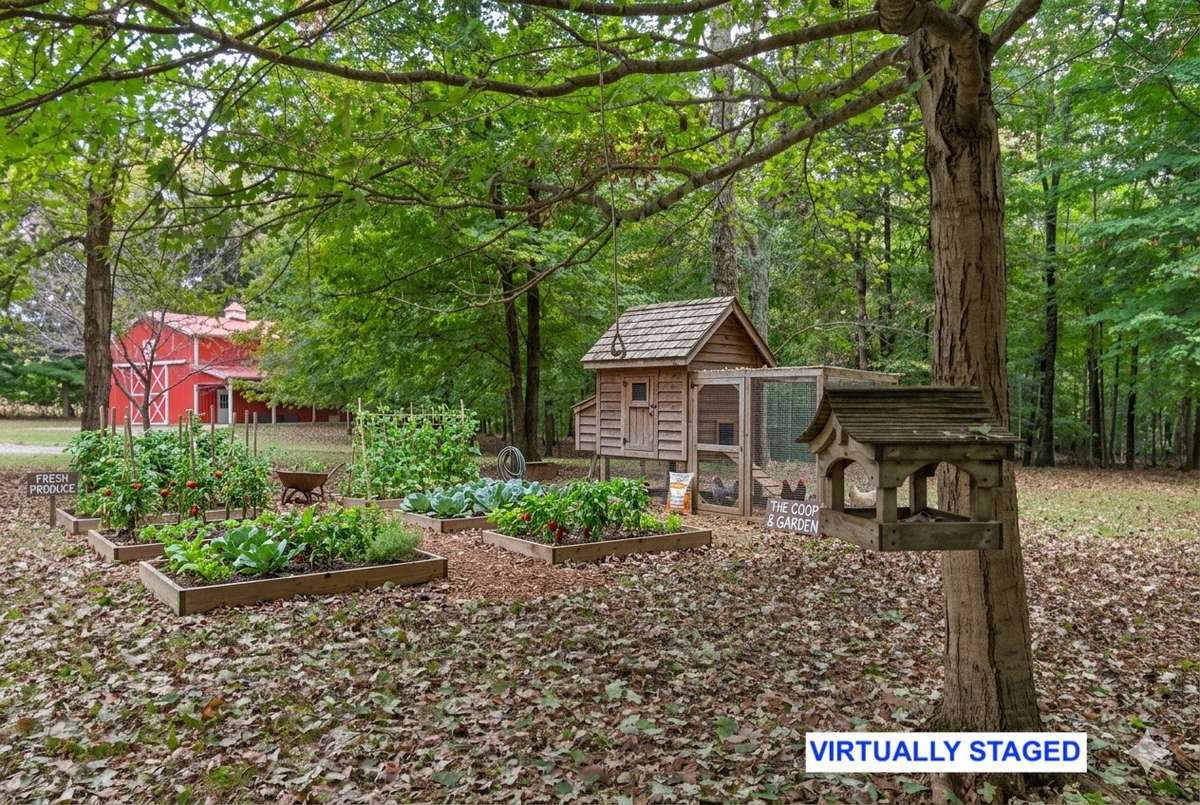VIRTUALLY STAGED gardens and chicken coop.