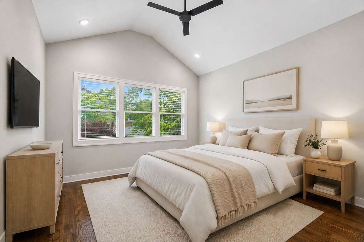 Primary Suite with vaulted ceiling. 

*virtually staged