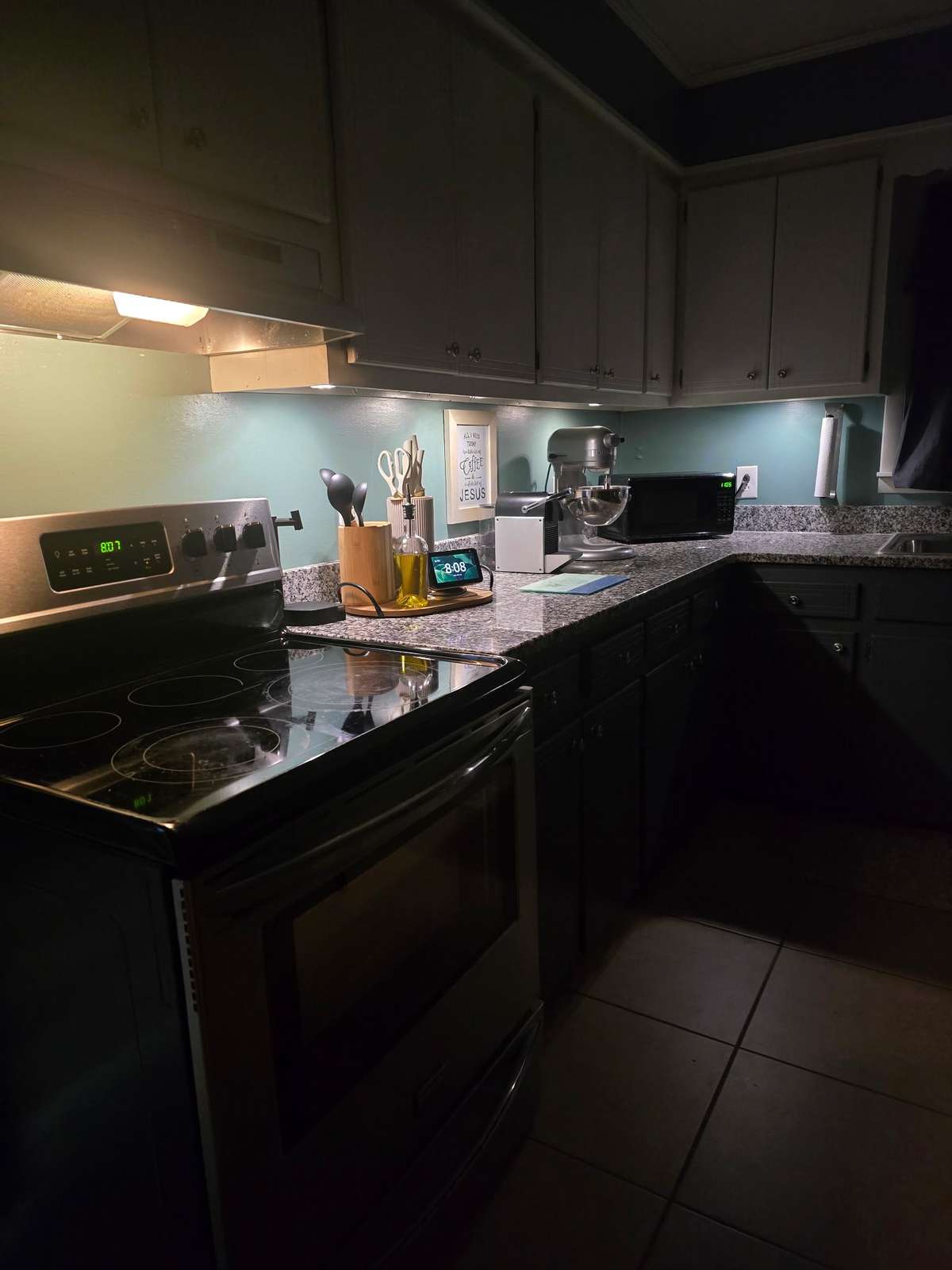 Under cabinets lights on at night.  Very nice to have these.