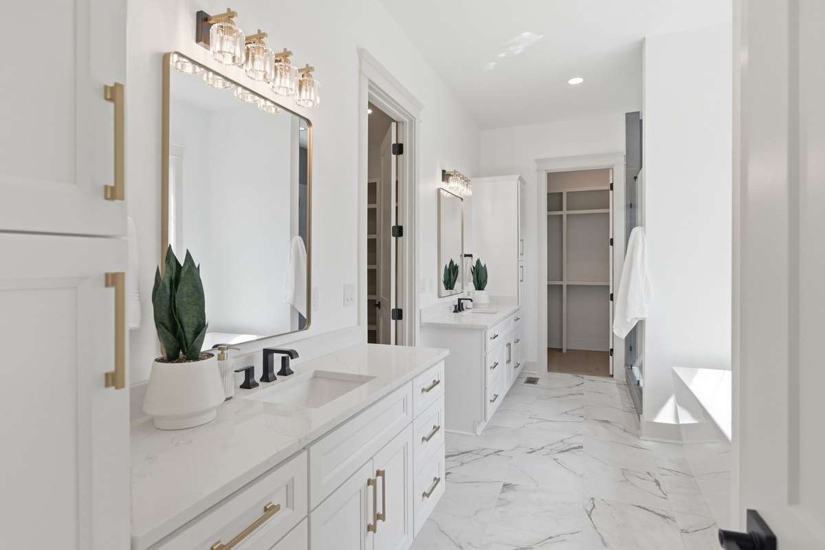 Primary bath with two walk in closets, soaking tub and standing shower