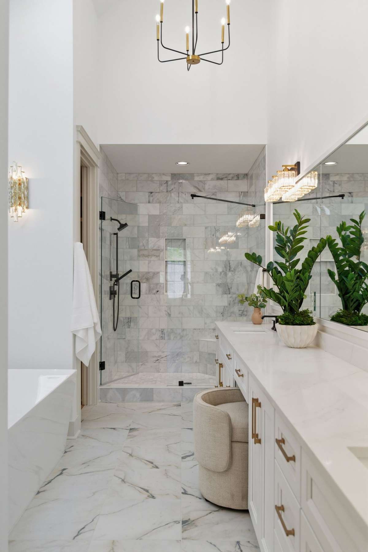 Primary bathroom upstairs with marble shower