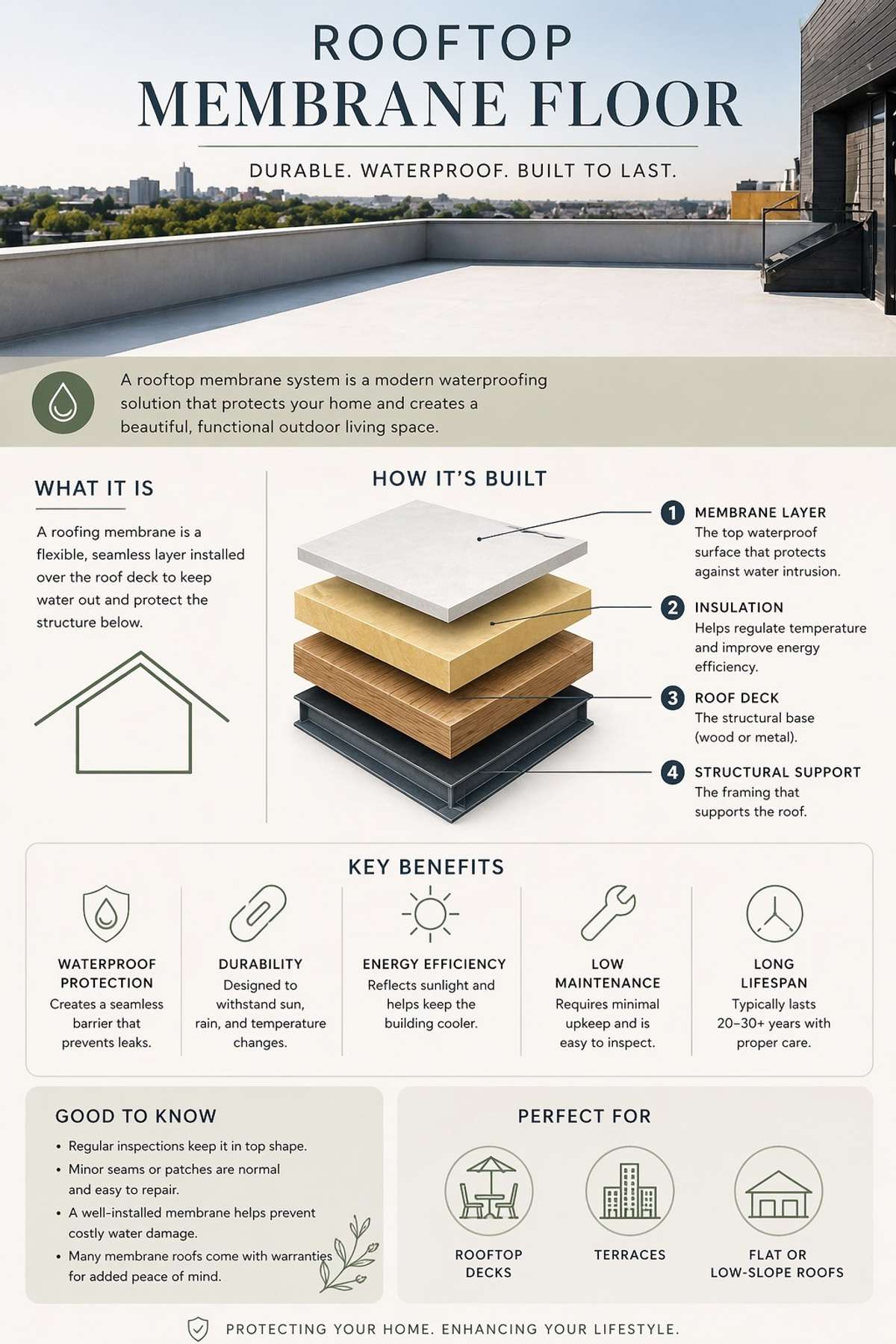 The water from the rooftop is drained into a gutter and runs down and away from the roof. For informational purposes only.