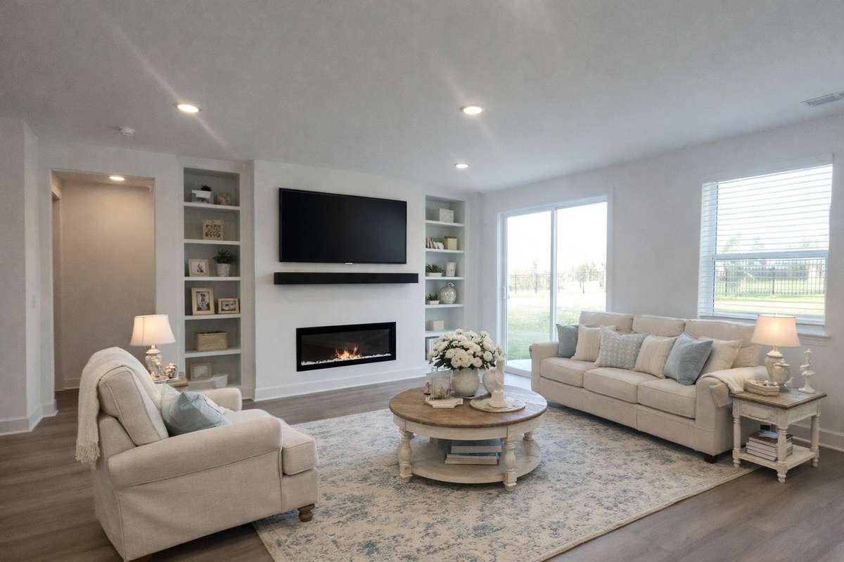 Relax by the cozy fireplace.  Picture of decorated model home.