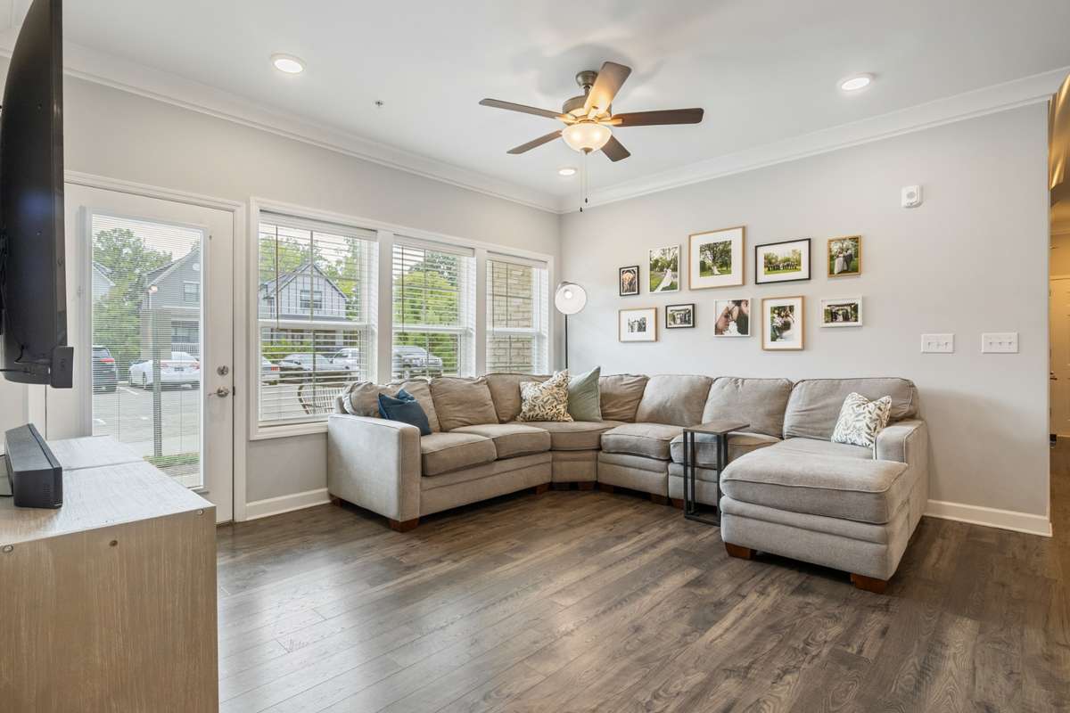 The Mohawk sustainable hardwoods shine in this light filled room. The recessed lighting and upgraded molding take this home to the next level.