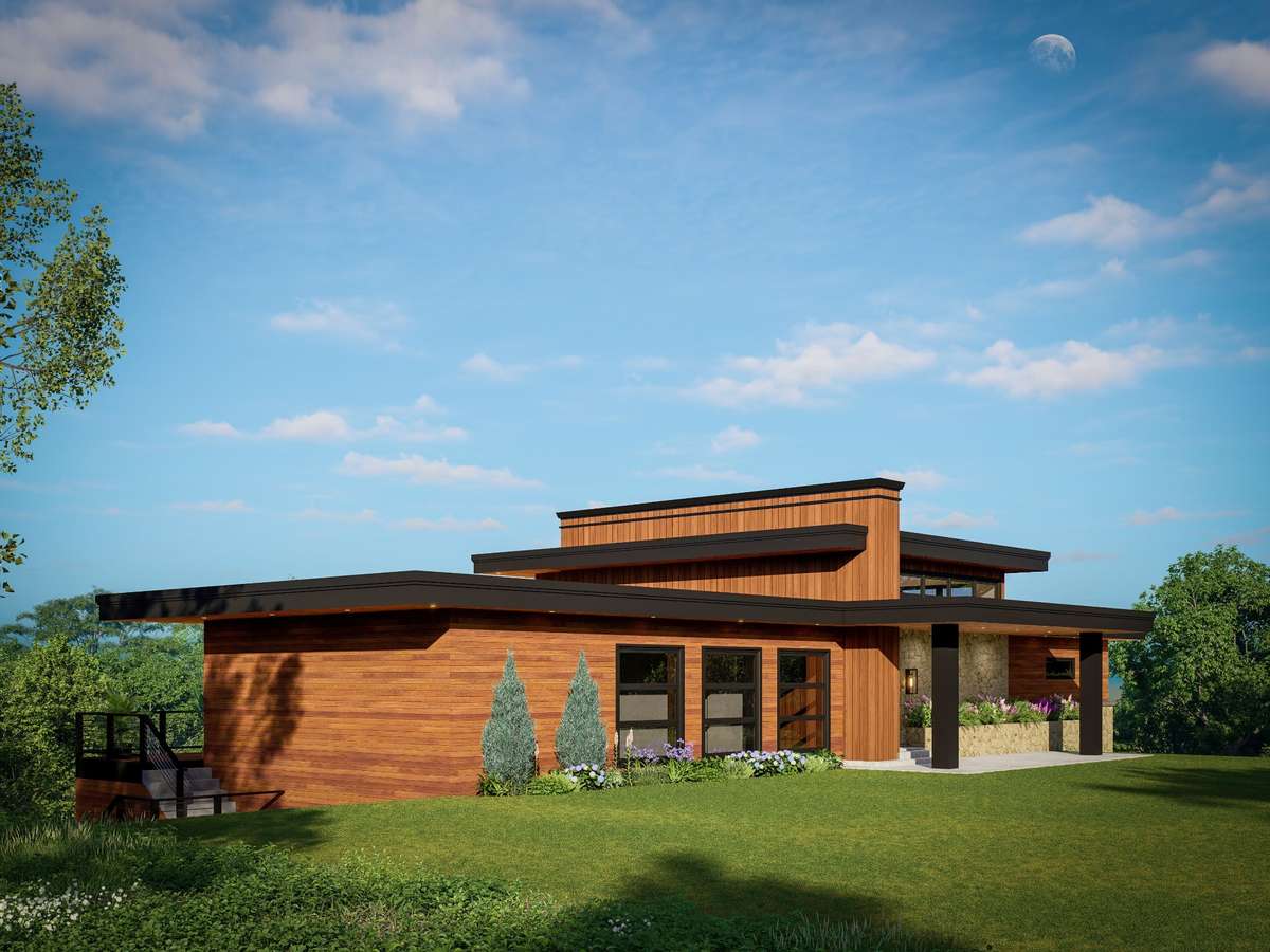 Front of home--sleek and modern, with a warm vibe