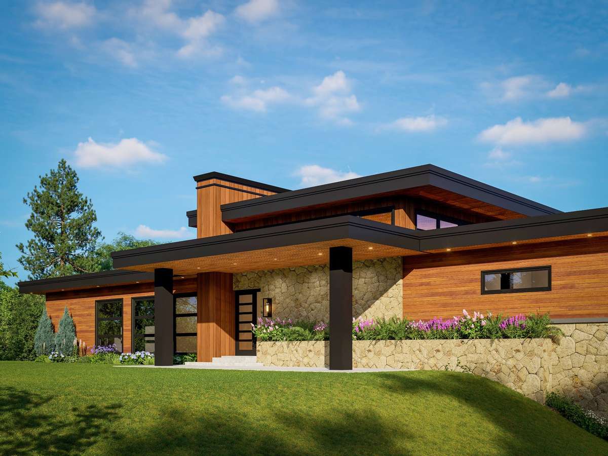 Front of home--sleek and modern, with a warm vibe