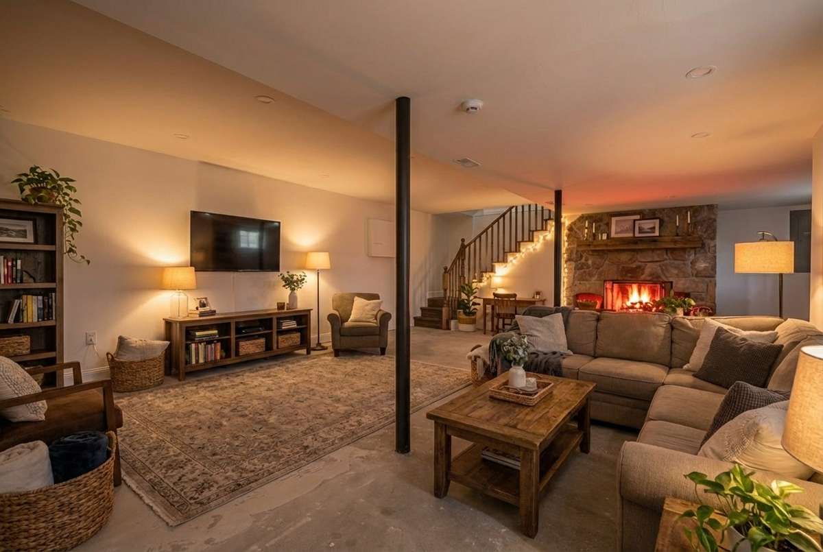 Or - make it the coziest TV room! Notice the woodburning fireplace (virtually staged)