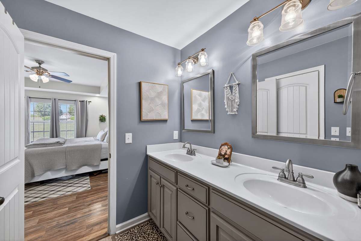 Primary bath has double vanity