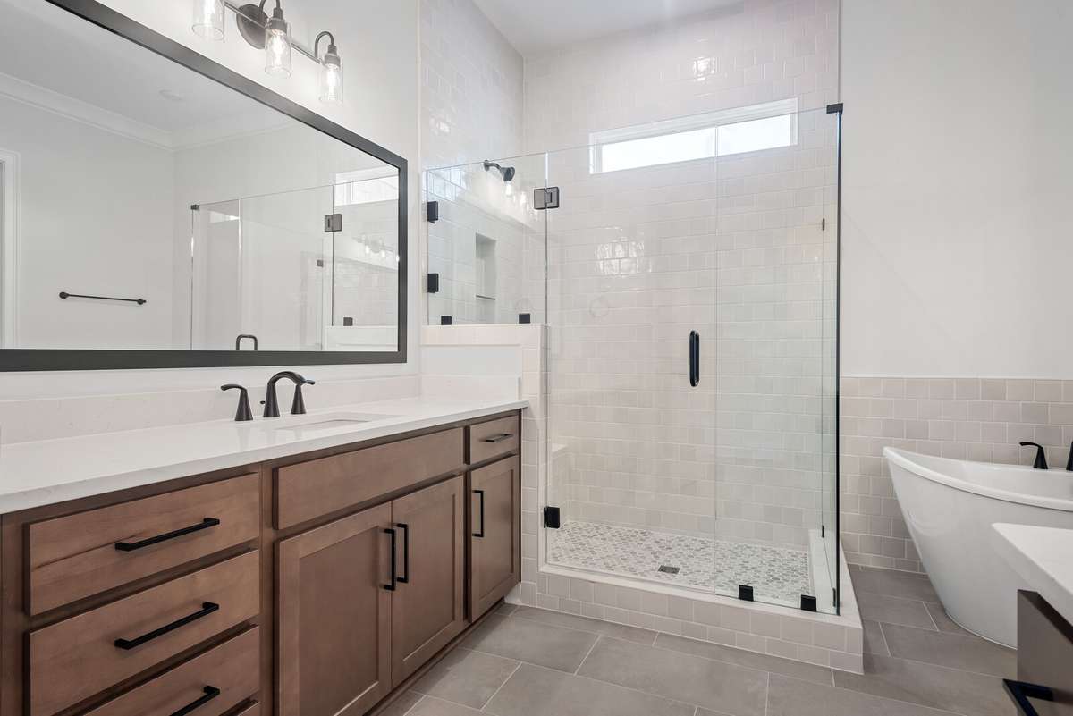 Primary bath with freestanding bathtub.