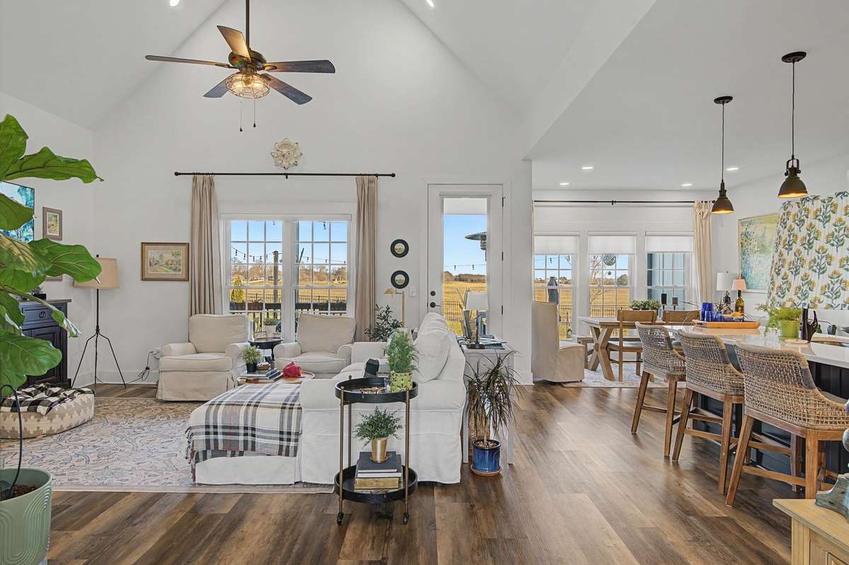 Great view of the open floorplan and quiet, open farmland behind the home.