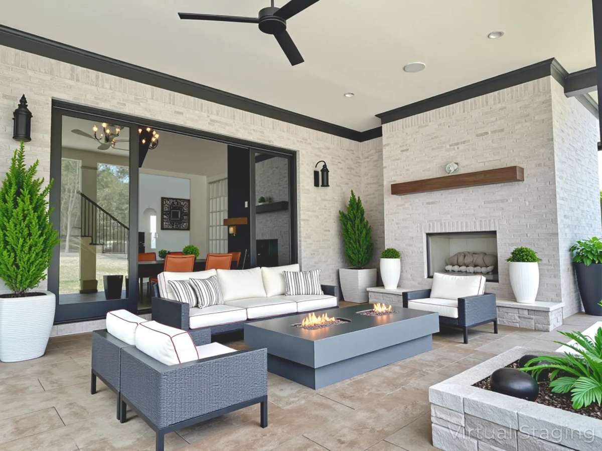 Whether you're enjoying a quiet morning coffee or hosting a lively dinner under the stars, this outdoor retreat offers a seamless extension of your indoor living. Virtually staged photo for inspiration only & to showcase how space can be used.