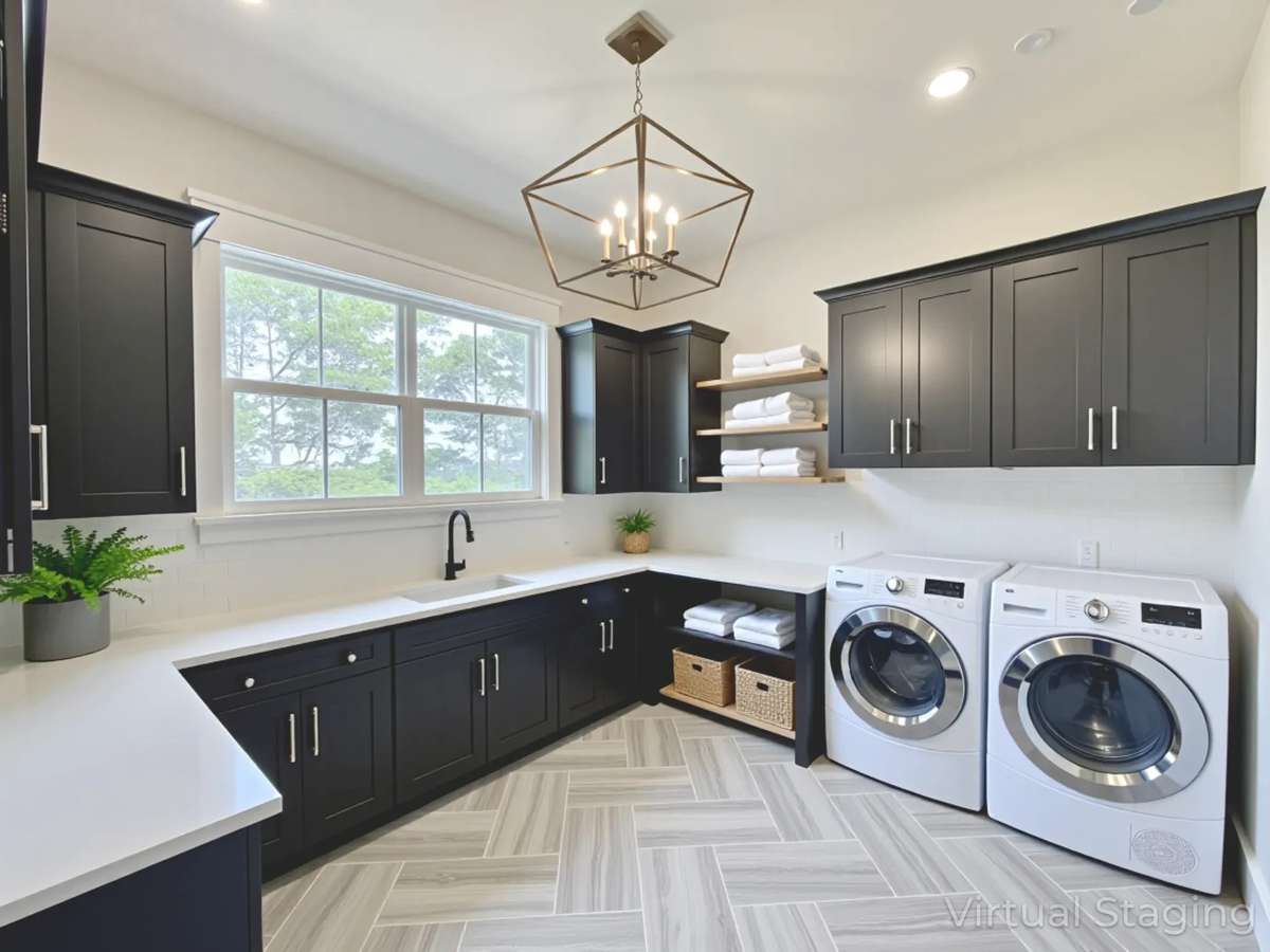 This luxury laundry room transforms daily chores into a pleasant experiences. Bathed in natural light from a thoughtfully placed window, the space feels bright, airy, and inviting!