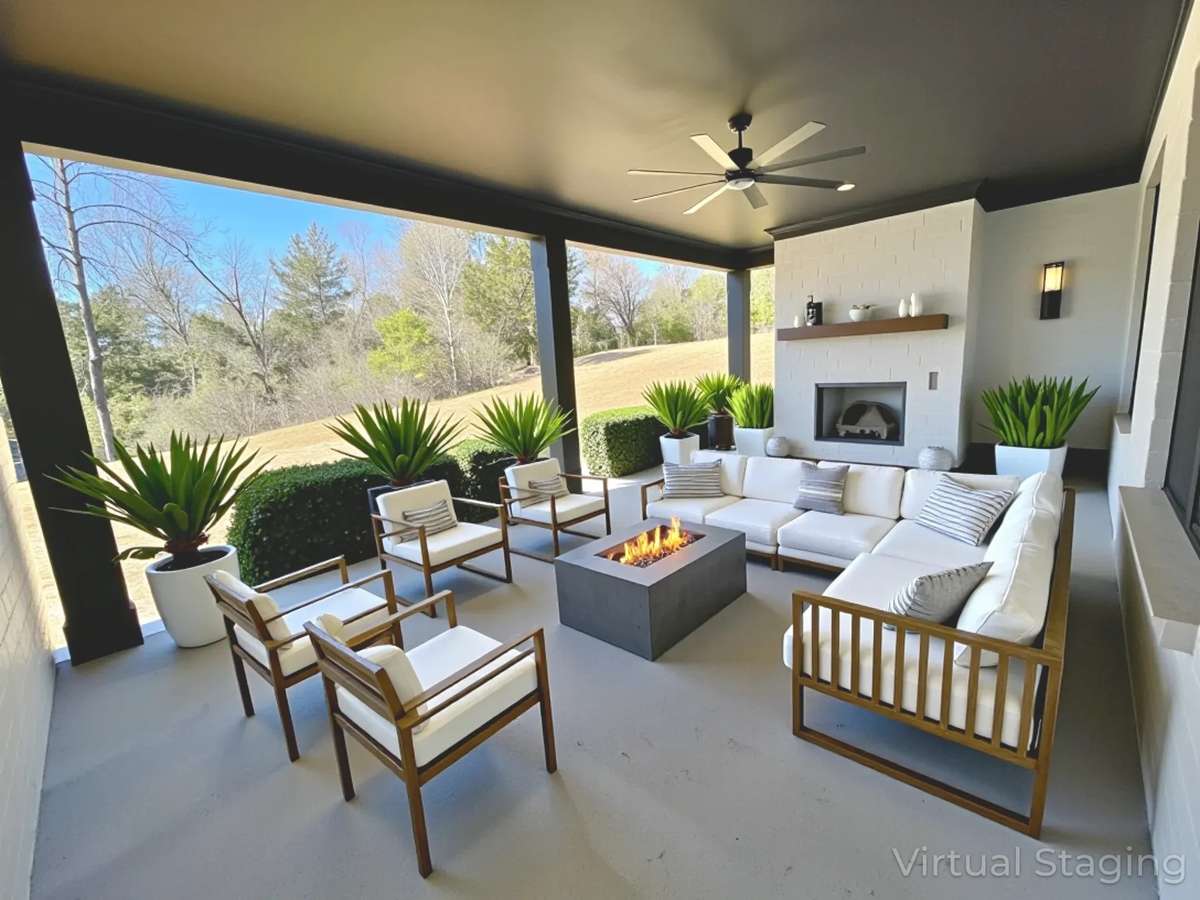 Enjoy Morning Coffee or a Glass of Wine by a Cozy Fire on Your Private Back Porch! Virtually staged photo for inspiration only & to showcase how space can be used & furnished.
