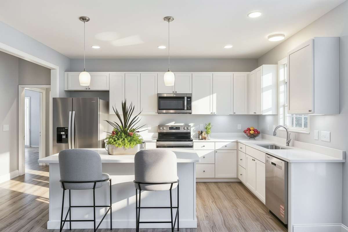 Gather Round the Kitchen Island that has Stools Virtually Staged