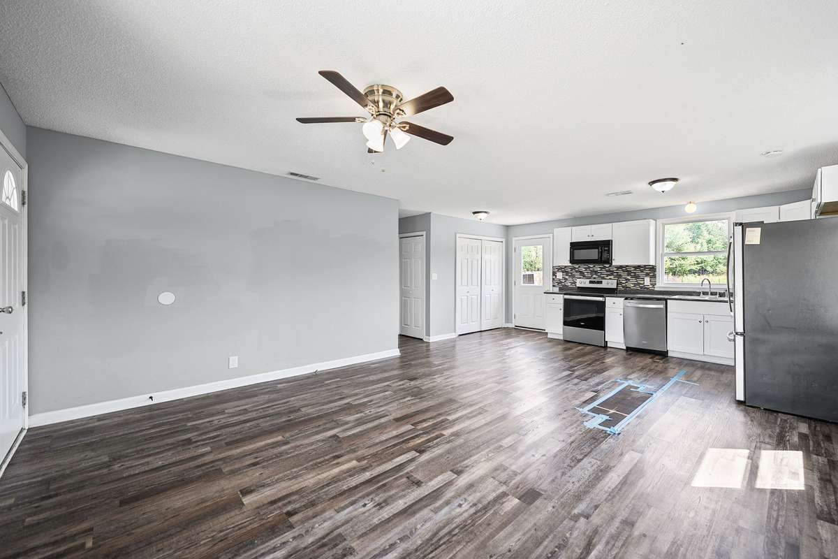 Another view from the living room into the kitchen.