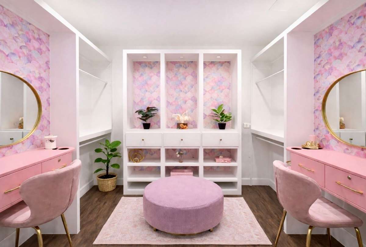 Huge main bedroom closet with double make up vanities.