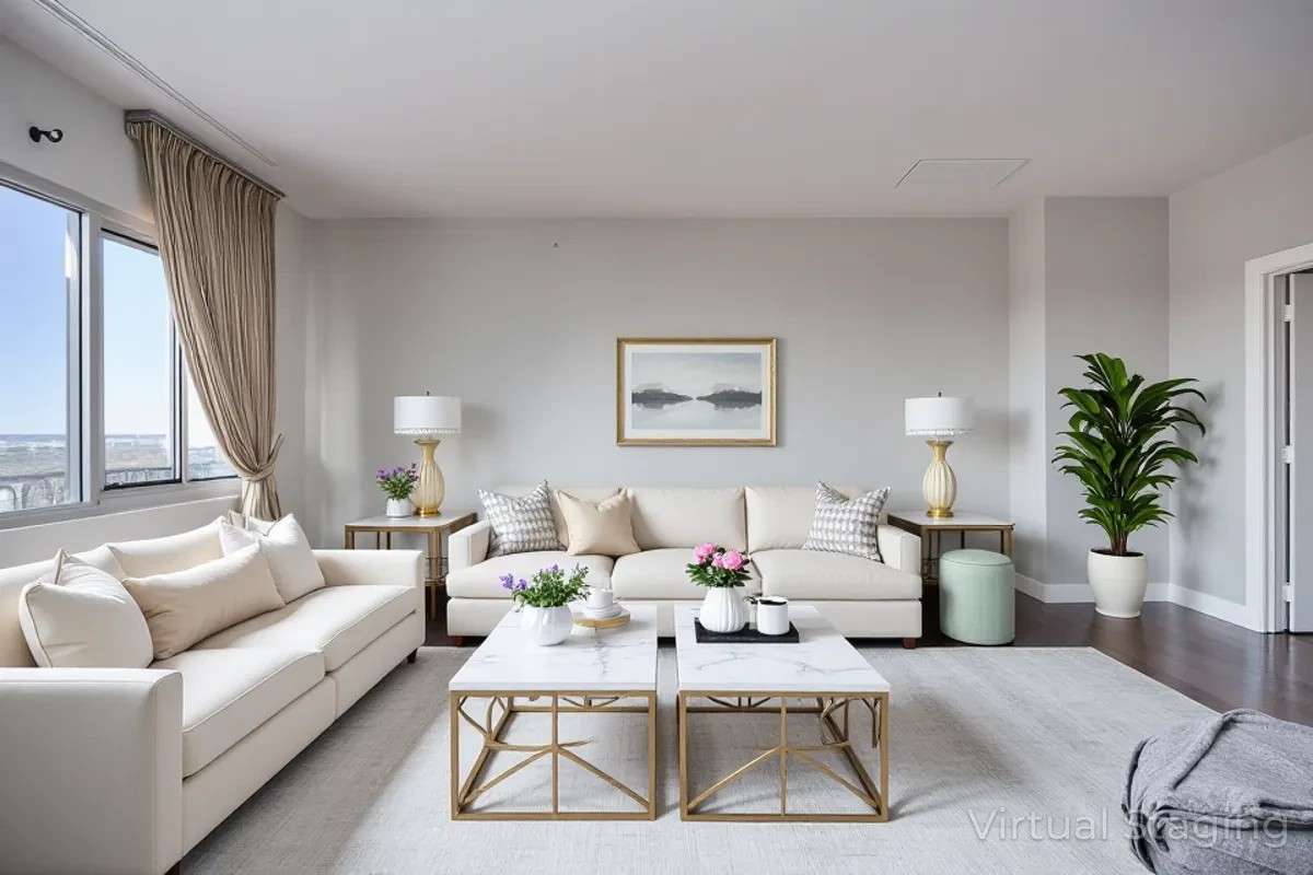 One option for living room layout (virtually staged)