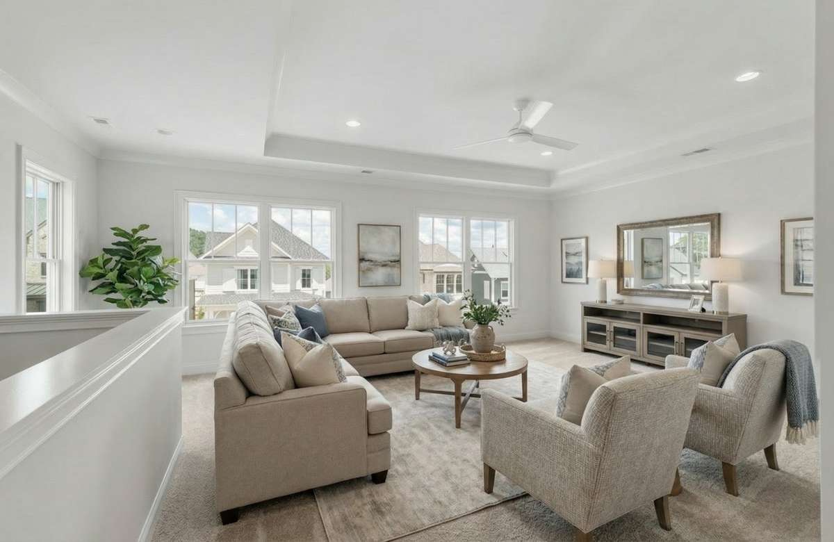 Furnishings are virtually rendered to show space.