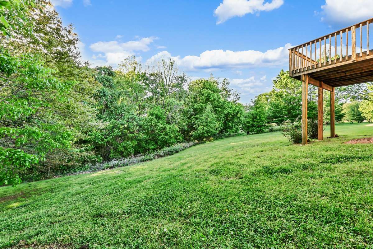 Sloping back yard. Just over an acre - property goes into the wooded area not cleared