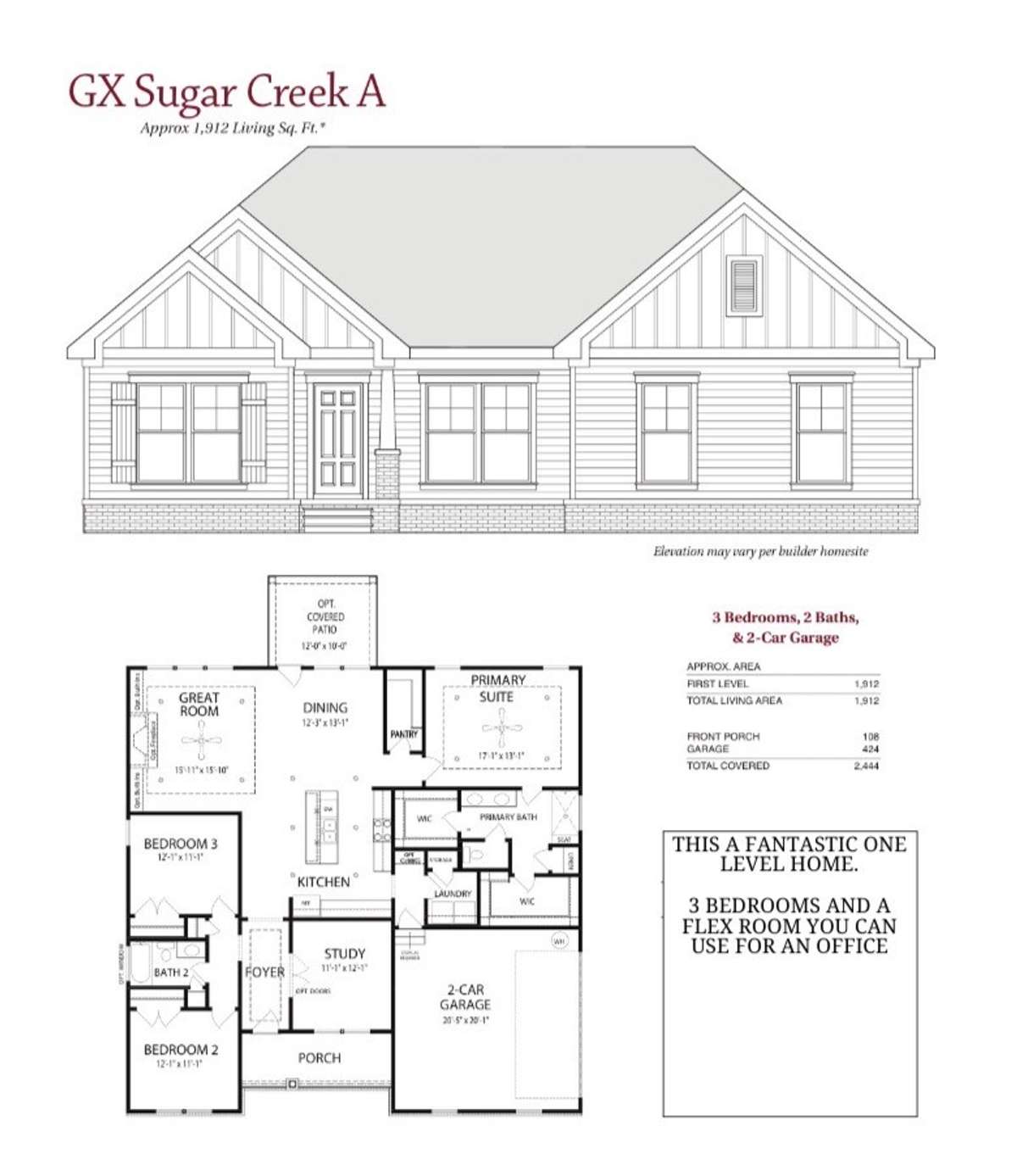 This is the floor plan of the house. All on one level, three bedrooms and even a flex room that can be used as an office, den or study.