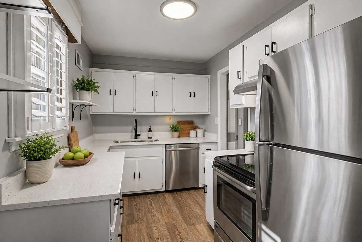 Updated kitchen with Quartz Countertops, Stainless Appliances, plenty of cabinets for storage.