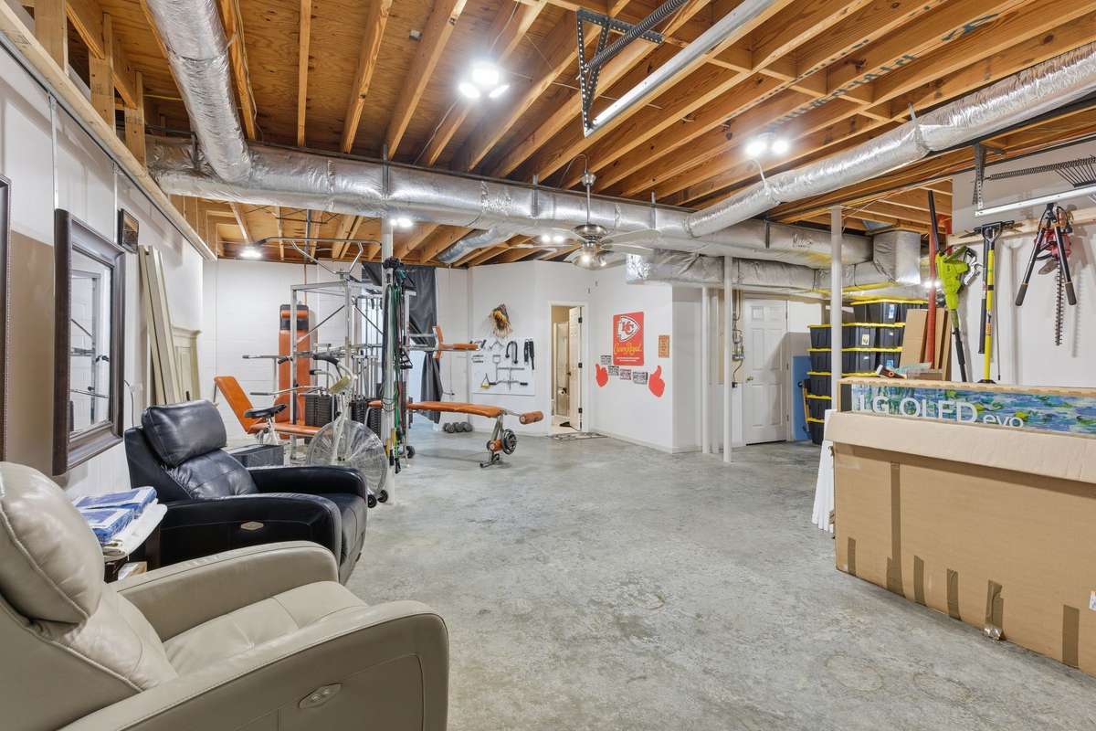 There is approx 1,100 sq ft in basement. This space includes great room, cellar, and storage room.