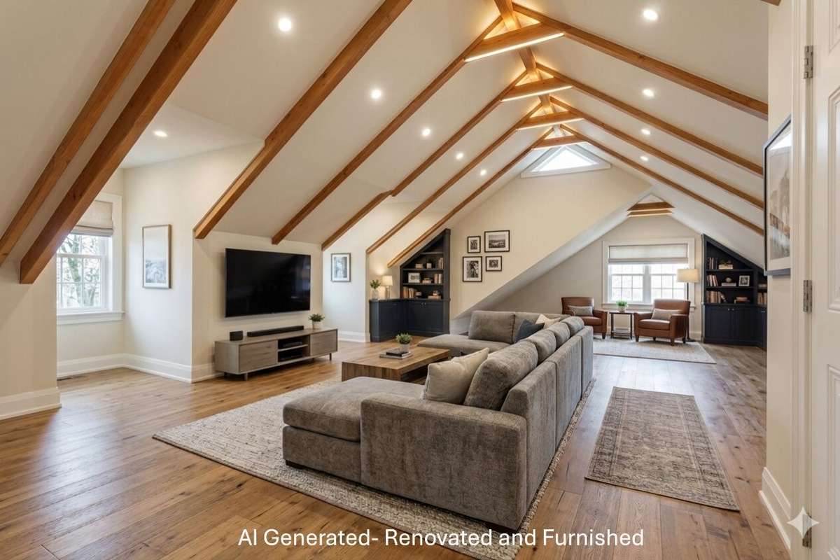 This is an AI generated rendering of this space if it were renovated and furnished.