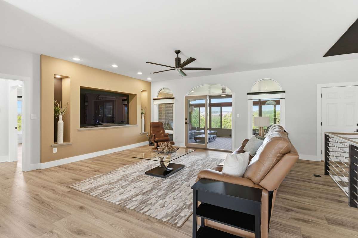 Spacious living room with built-ins.