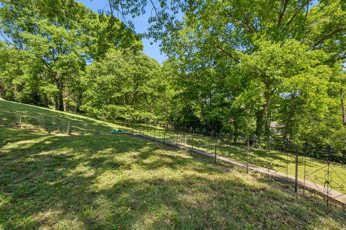 Massive fenced backyard with mature trees, plenty of space to play or entertain, and a built-in slide for added fun.