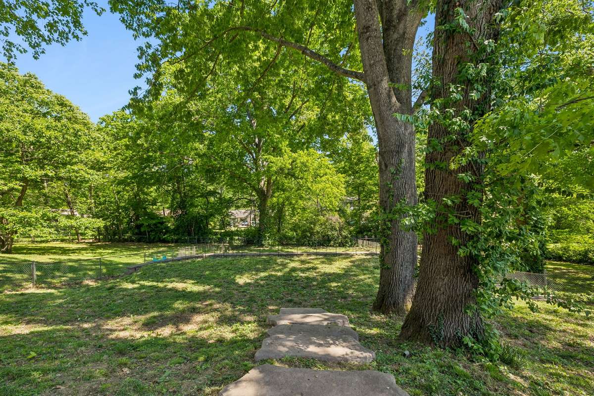 Massive fenced backyard with mature trees, plenty of space to play or entertain, and a built-in slide for added fun.
