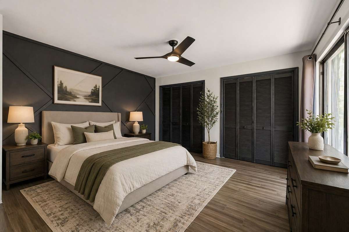 Modern primary bedroom with accent wall, double closets & ceiling fan. 101 Cedarwood Lane, Madison, TN 37115