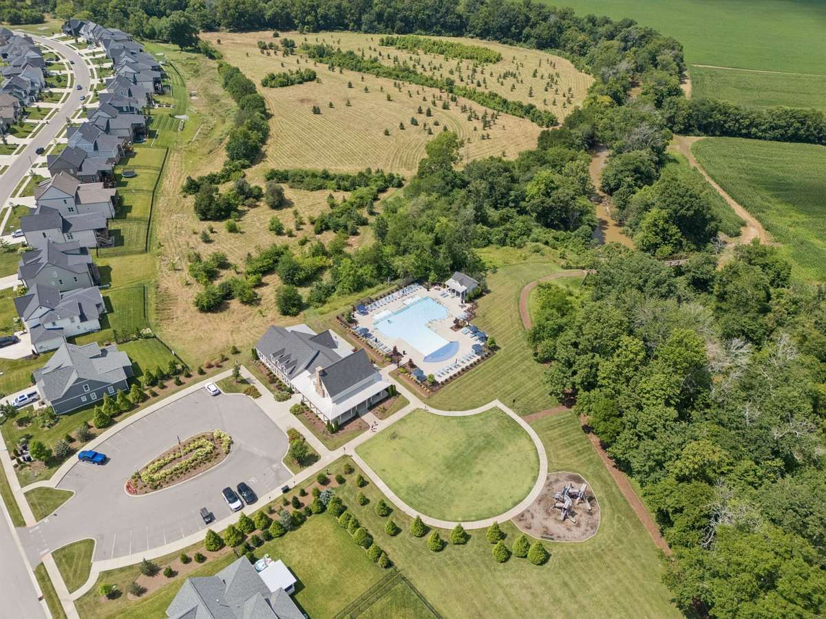 Ariel view of the clubhouse and pool