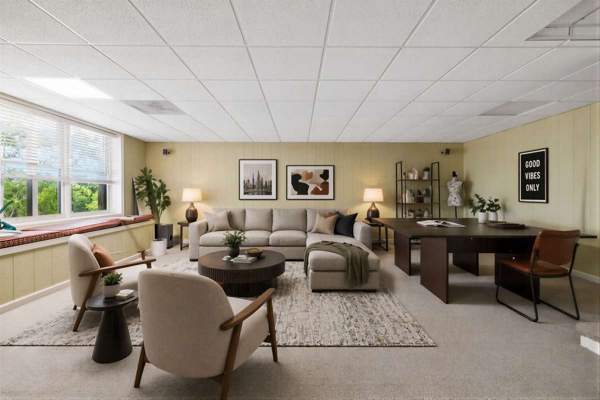 This photo of the rec room has been virtually staged.