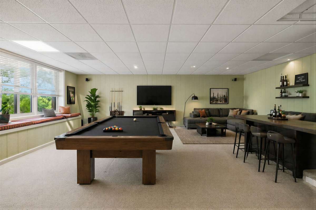 This rec room photo has been virtually staged.